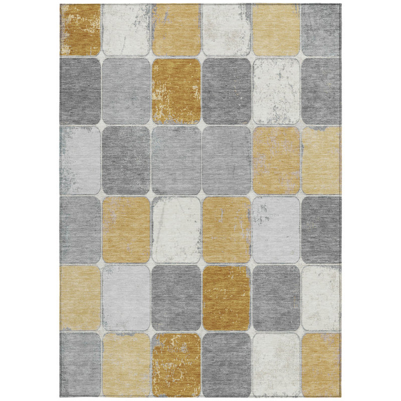 Tapis intérieur lavable à motif géométrique doré et gris 3 pi x 5 pi