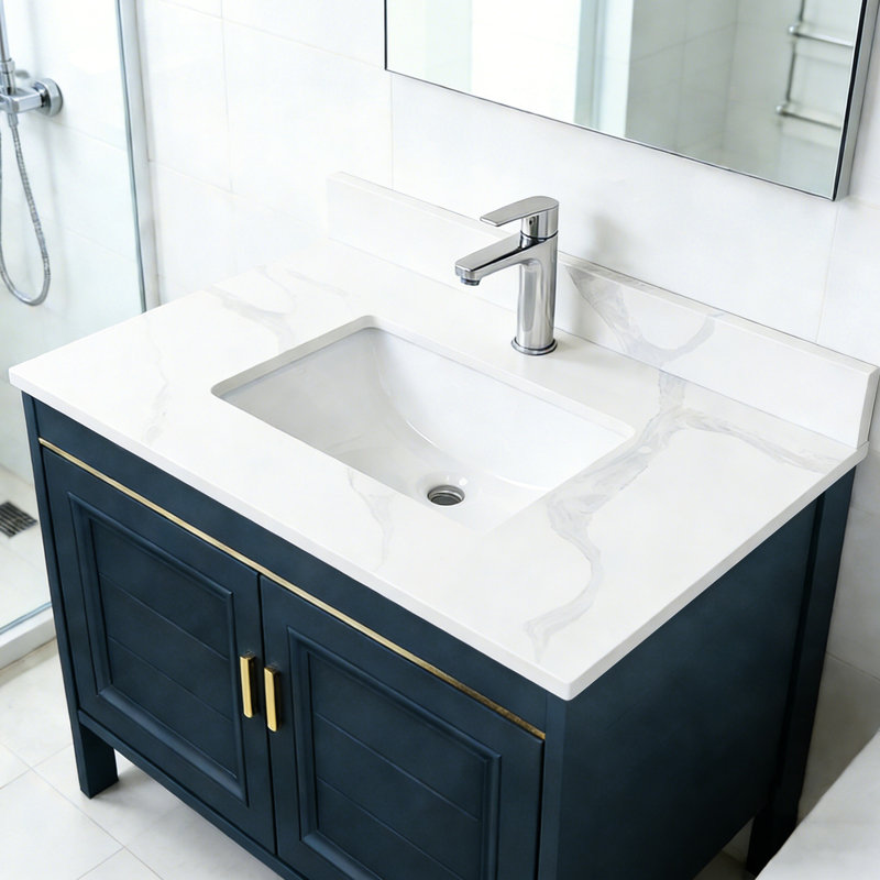 Comptoir de salle de bain 31 pouces White Quartz, évier encastré de 3/4 po d'épaisseur au centre, 4 dosserets hauts, trou de robinet pré-percé, chauffage, comptoir de meuble-lavabo idéal, comptoir simple, invité