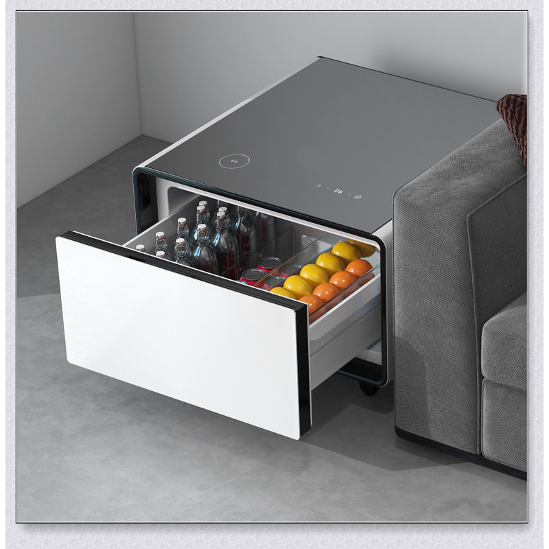 Table d'appoint moderne et intelligente avec réfrigérateur intégré, charge sans fil et contrôle de la température pour plus de commodité et de style