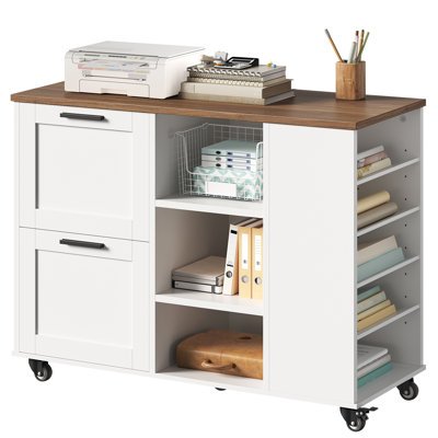 Lateral File Cabinet, Printer Stand With File Drawers And Open Shelves, 2-drawer Mobile Lateral Filing Cabinet With Locking Casters