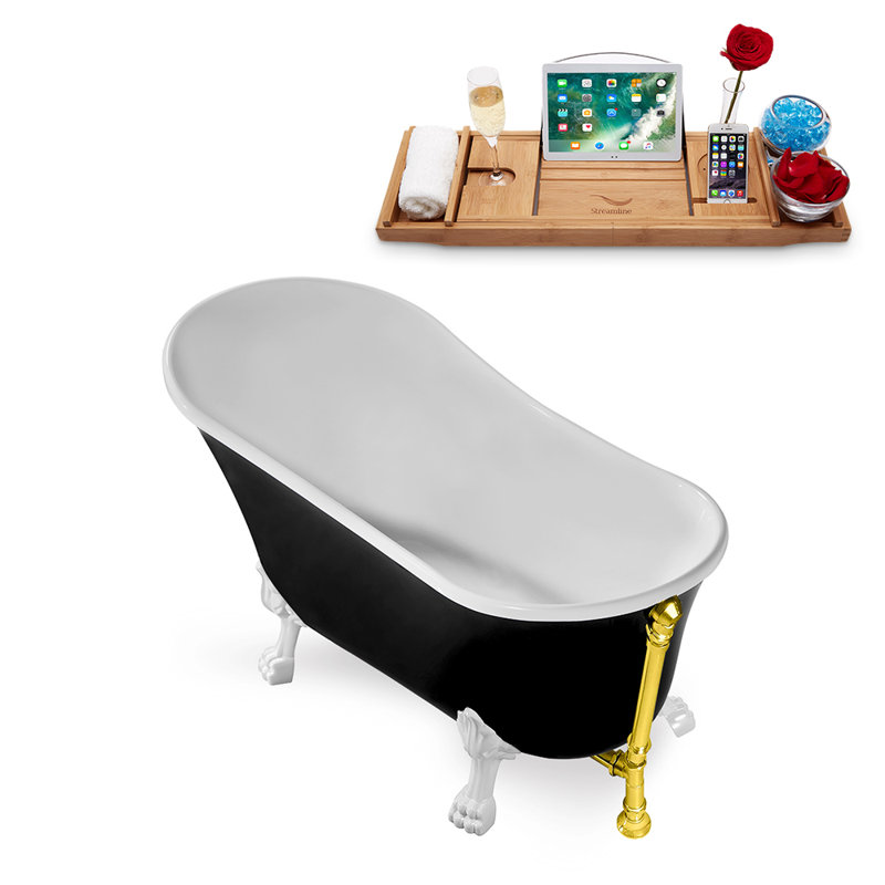 59" Streamline Clawfoot Soaking Acrylic Bathtub With Drain, Clawfeet, and Bamboo Tray, Glossy White, Polished Gold