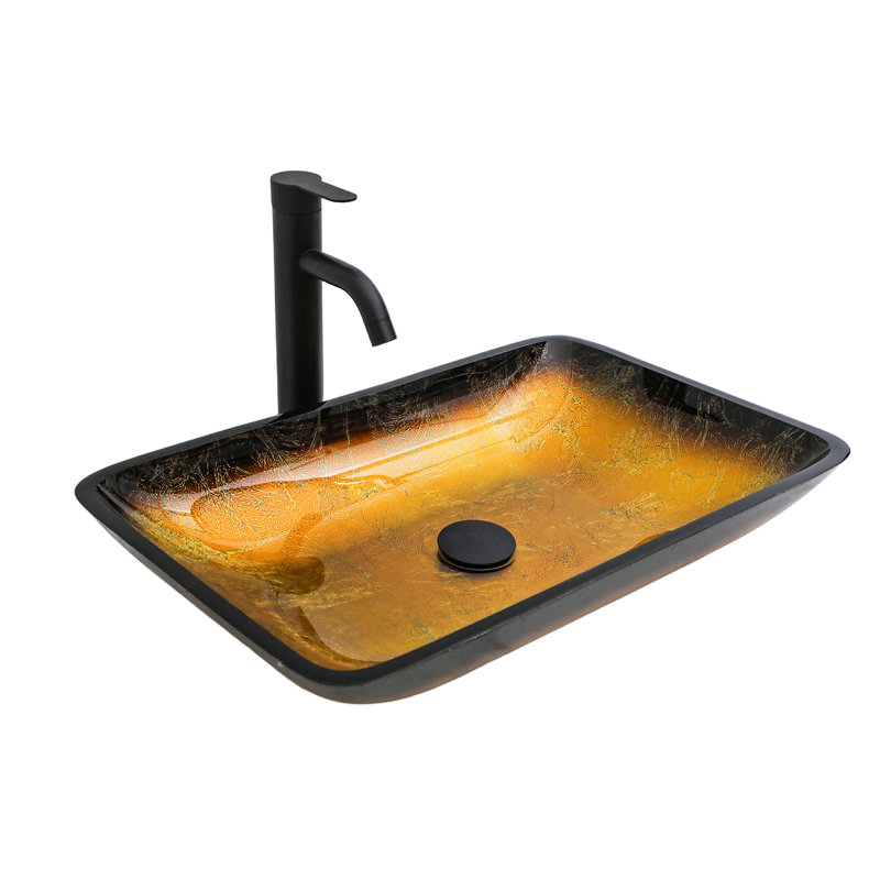 Vasque en verre trempé pour salle de bain, dégradé ambre doré, forme carrée, bonde clic-clac, facile d'entretien, verre, design idéal pour une salle de bain élégante