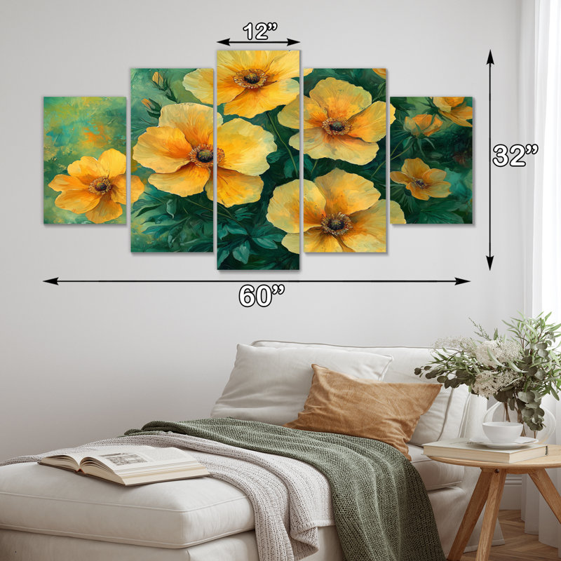 Été fleurs sauvages dans les tons verts et jaunes III - Art mural fleurs sauvages - ensemble d'art mural traditionnel 5 pièces