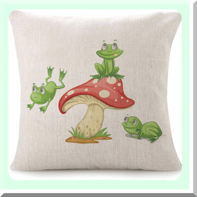 Froggy Fun Mushroom Pillow Covers - Adorable Cartoon Amphibian Decor for Couch or Bed! Cute Spots Design, Square Linen Cushion Case.