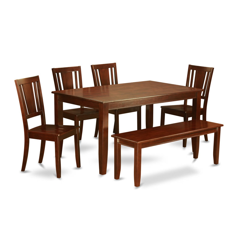 L'ensemble de salle à manger 6 pièces contient une table rectangulaire en bois massif et 4 chaises de cuisine avec banc, acajou 