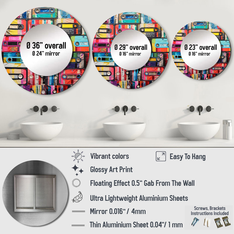 Cassette Tapes Tape Mosaic I - Cassette Tapes Unique Wall Mirror, Modern, 29 po x 29 po