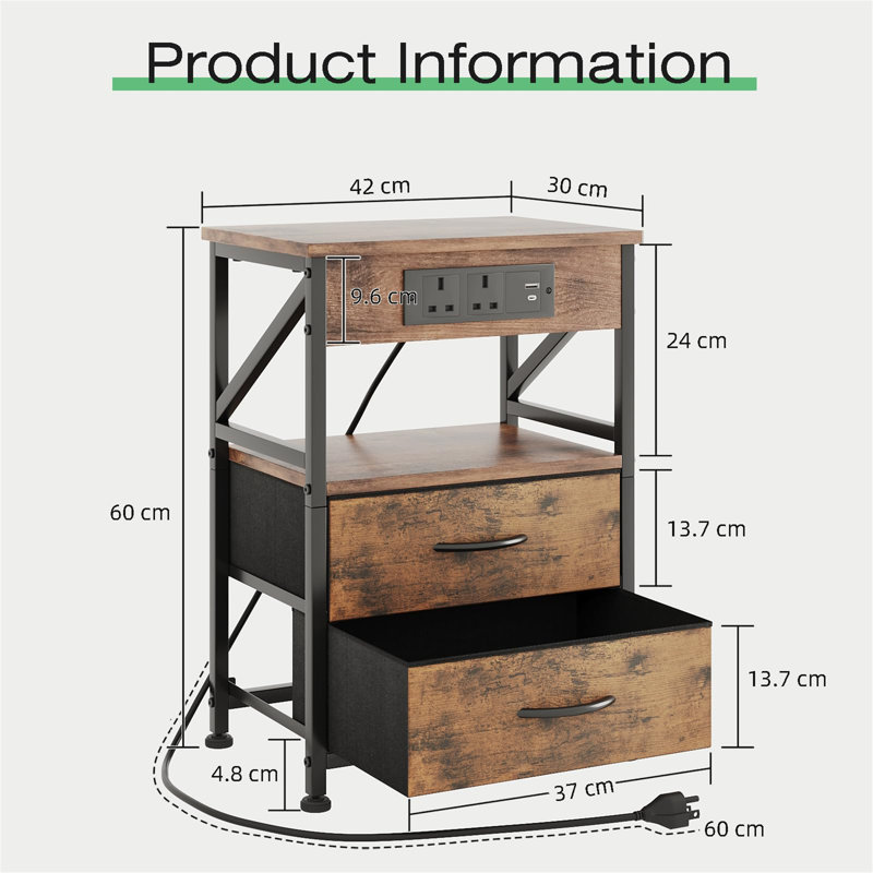 42cm W Metal Bedside Table