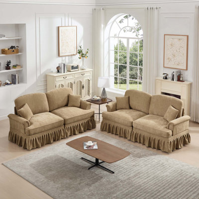 Classic 2PCS Double Seat Flared Arms Chenille Sofa Set with Removable Ruffles Pleats Skirts & Spindle Legs for Living Room