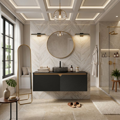 48" Modern Floating Vanity With Black Sintered Stone Top, Geometric Twill Doors With Metal Trim, 4 Vessel Sink Options (Black)