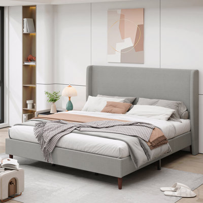 High Headboard Upholstered Bed, King Size Bed Frame, 12-Slat Support, Easy To Assemble,Light Gray , Chenille Cloth, No Box Spring Needed