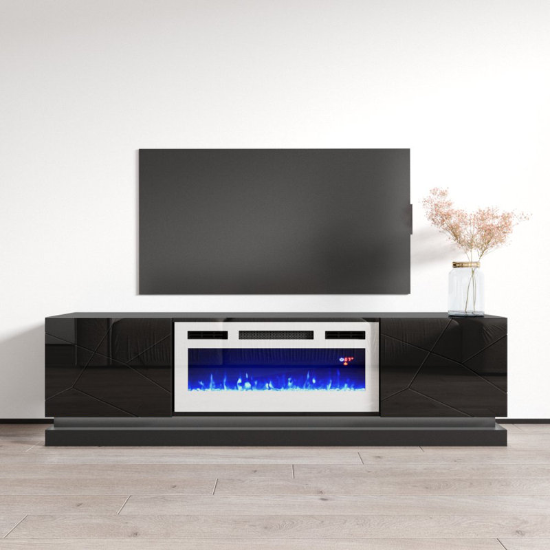 70.9" Modern TV Stand with Electric Fireplace, High Gloss Finish, Media Storage, Black