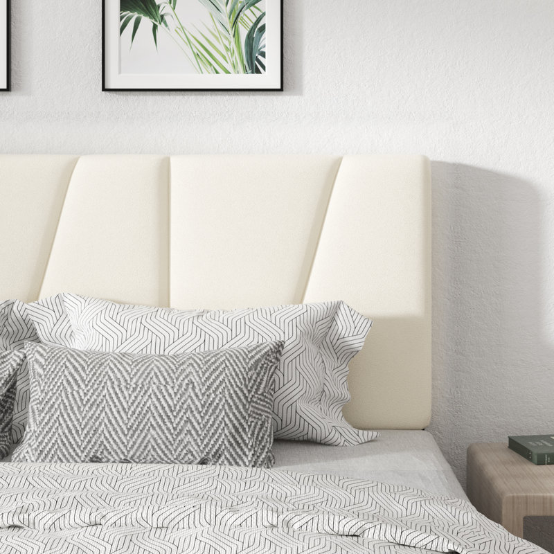 Base de lit rembourrée avec tête de lit asymétrique et lattes en bois, Beige, Double