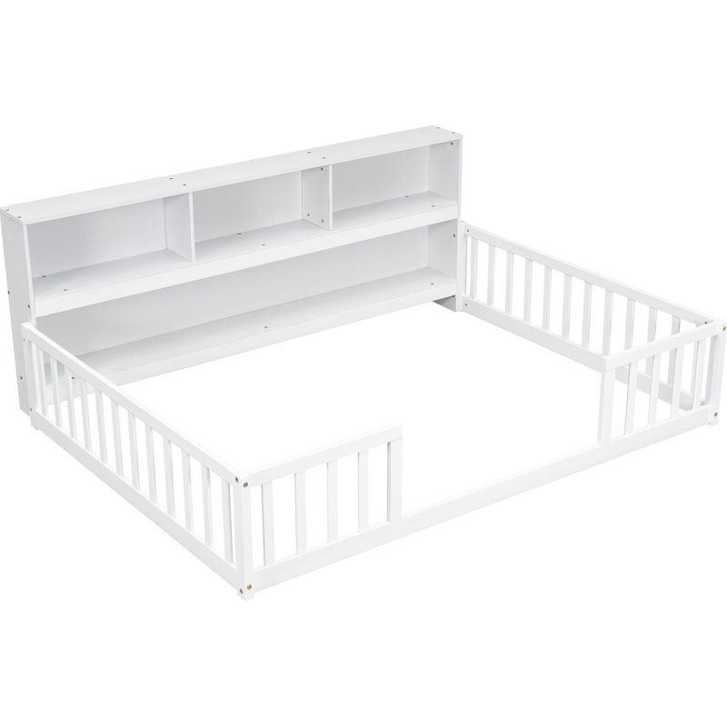 Lit double avec bibliothèque latérale, tablettes et garde-corps en blanc, facile à assembler pour l'aménagement de la chambre à coucher