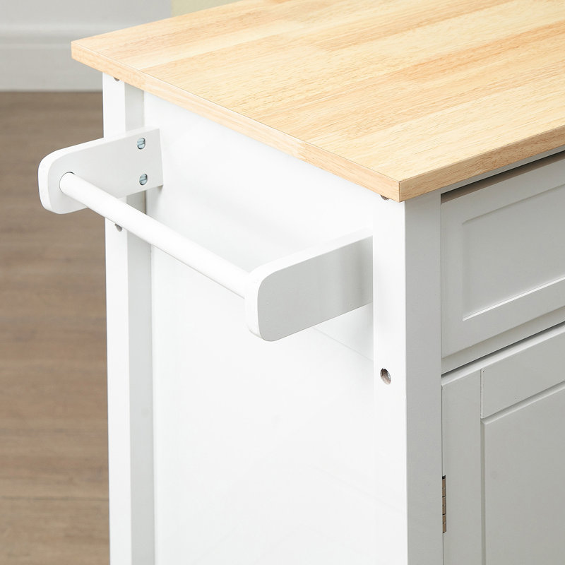 Chariot pour îlot de cuisine, îlot de cuisine avec rangement, plateau en bois massif, tiroir, pour la salle à manger