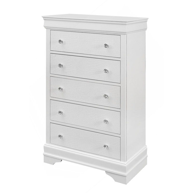 Commode verticale en bois manufacturé avec 5 tiroirs, Blanc
