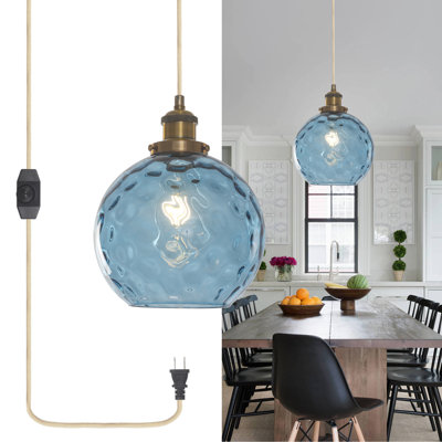 Modern Blue Plug in Pendant Light with 15 ft Cord On/Off Switch and Hammered Glass Globe Shade for Living Room Bedroom