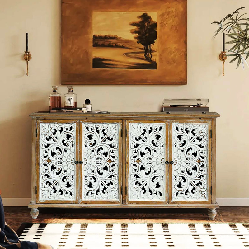 Modern Accent Cabinet - 4 Door Sideboard With Storage. Antique Natural, Distressed Design 4-Door Chest Storage For Dining Room. Handmade, Finish, Functional
