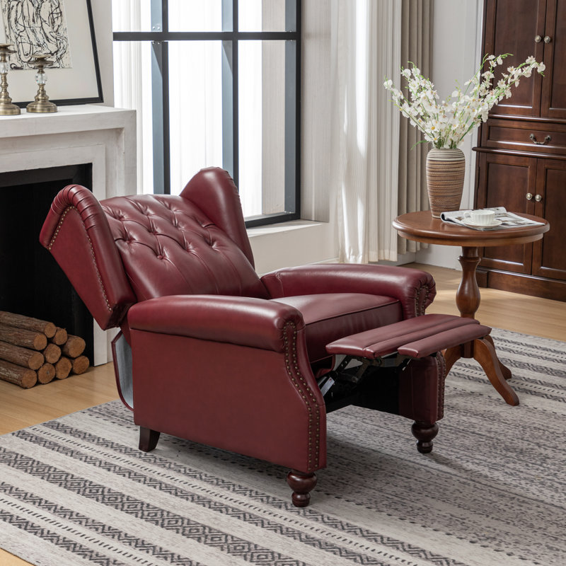 Aimee-Lea 31.5" Wide Genuine Leather Wing Chair Recliner, Burgundy
