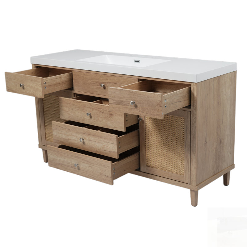 Meuble-lavabo moderne avec lavabo SMC, grand rangement, tiroirs à fermeture en douceur, portes en rotin et pieds en pin naturel