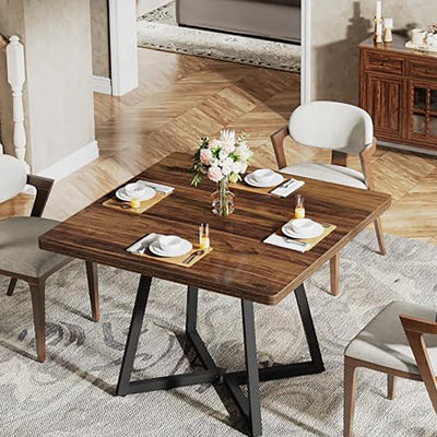 Table de salle à manger 31,5 pouces carrée pour petits espaces, plateau brun rustique avec structure en métal noir, idéale pour les appartements et les coins-repas