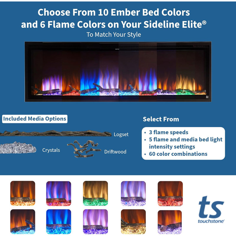 Sideline Elite Smart 60” WiFi-Enabled Electric Fireplace - in-Wall Recessed