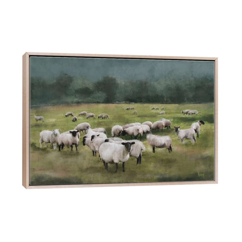 Moody Sheepscape, No Mat, 26" H x 40" W x 1.5" D, Natural Wood Floater Framed Canvas