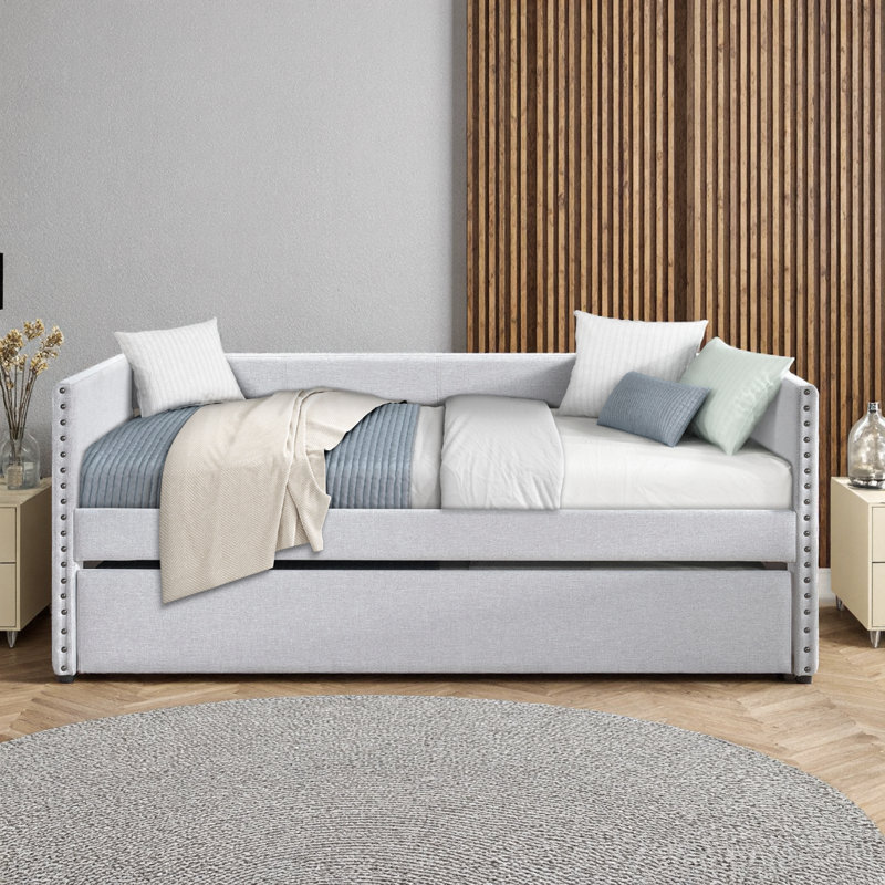Modern Upholstered Daybed with Pull-Out Trundle - Twin Size Bed with Side Pockets & Nailhead Trim for Bedroom, Living Room, Guest Room