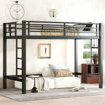 Lit mezzanine simple en métal de taille XL, lit mezzanine avec échelle facile à monter et garde-corps