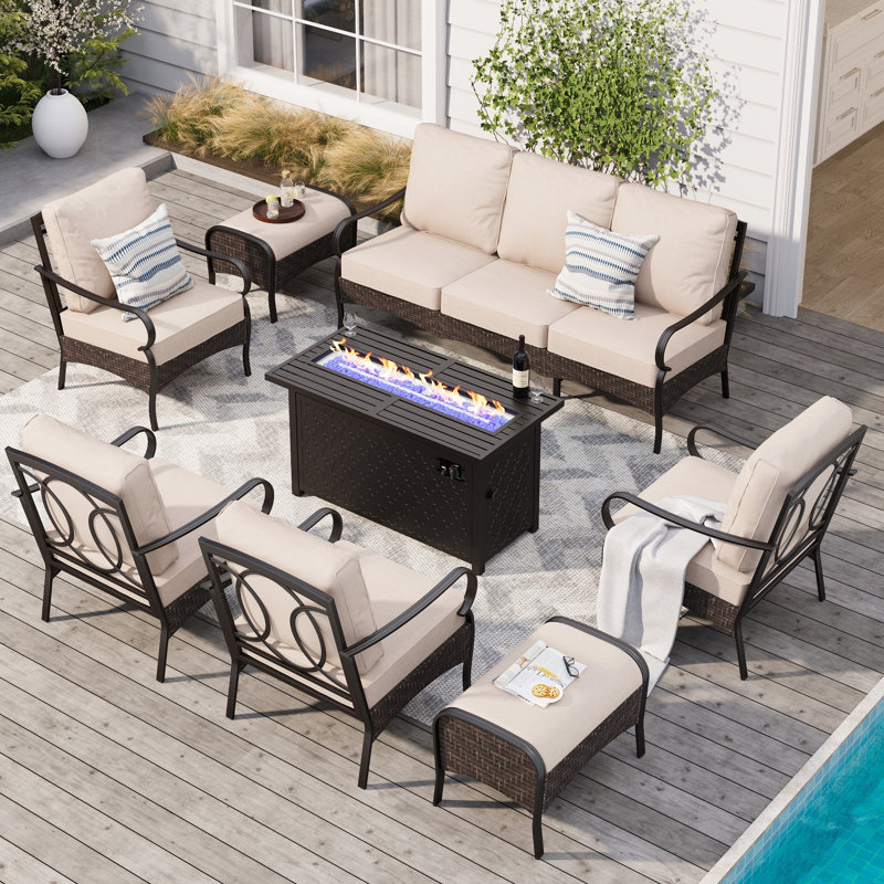 Ensemble de conversation pour l'extérieur 9 personnes avec table de foyer et chaises longues