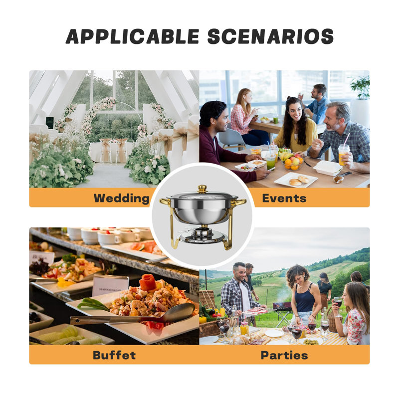 Réchauds à frire pour buffet, ensembles de réchaud à vaisselle ronds de 5 pintes en acier inoxydable ensembles de réchauds à buffet pour la restauration, les événements, les dîners de fête avec l'ensemble complet