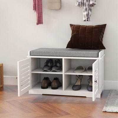 Banc à chaussures blanc avec 2 compartiments et siège rembourré - Portes de grange de rangement
