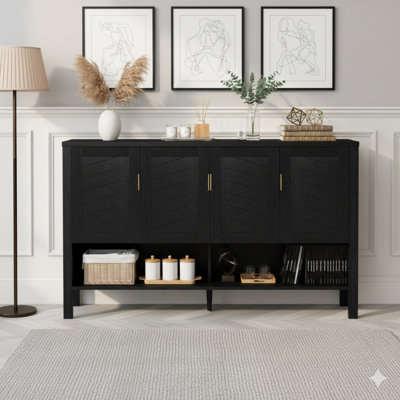 Buffet de rangement de 55,1 pouces de large avec quatre portes, un buffet multifonctionnel comprenant une tablette ouverte et deux niveaux de tablettes réglables, une armoire moderne avec deux crochets, idéale pour les salons, les couloirs, les salles à manger et les bureaux
