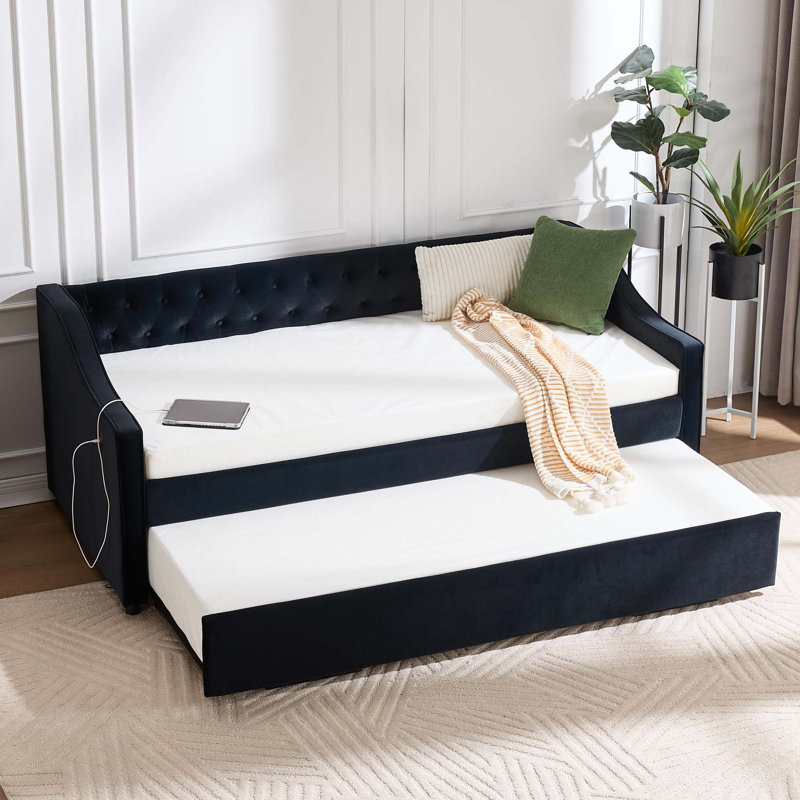 Twin Size Upholstered Daybed With Trundle,USB Port, Black