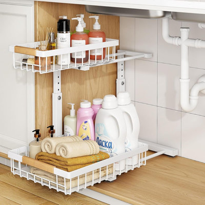 Ensemble de 2 organisateurs réglables sous l'évier, 2 tablettes de rangement coulissantes en métal à 2 niveaux avec forme en C, glissières lisses, blanc