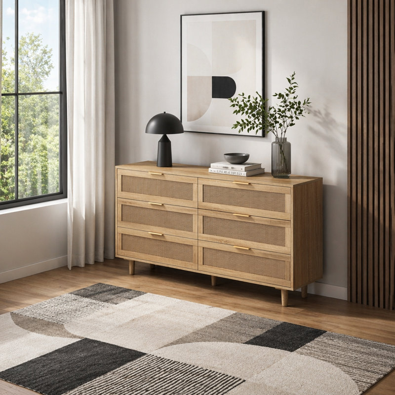 Ayanna 6 Drawer Rattan Storage Dresser, Gold, 29.72" H x 43.31" W x 15.75" D, Natural