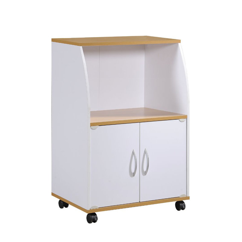 Rolling Compact Kitchen Cart with  Microwave Shelf, Utensil Drawer, Interior Cabinet Storage Space and Locking Wheels, White