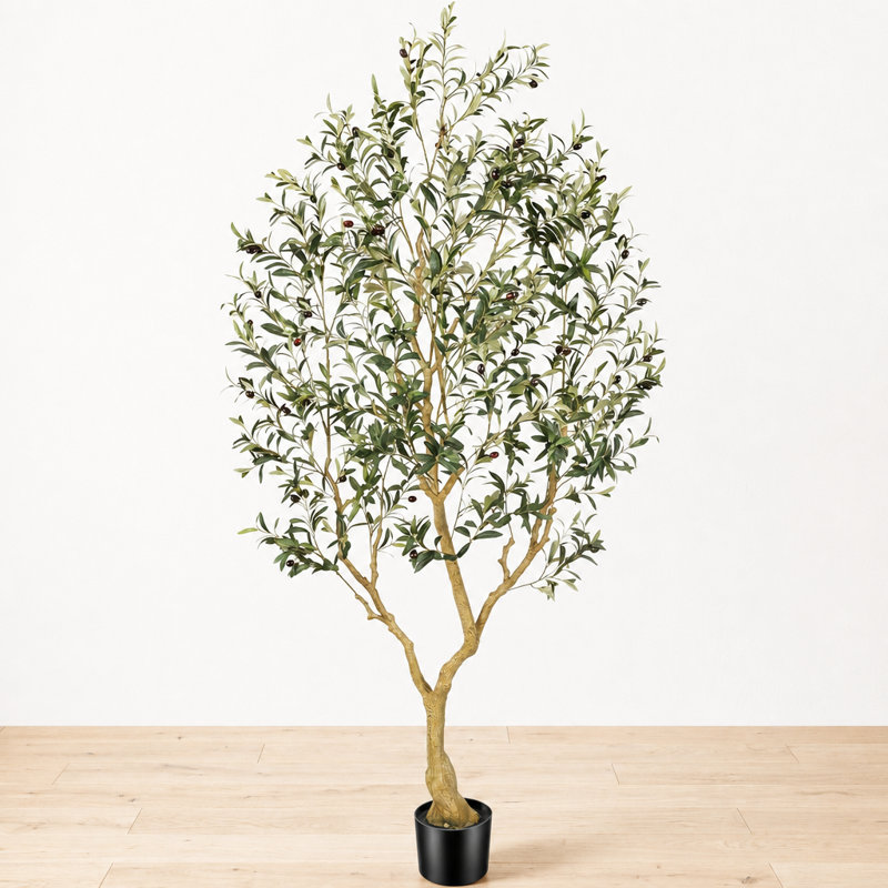 Olive artificielle de 7 pi en pot noir, olivier artificiel réaliste pour la décoration intérieure, 84" x 28" x 28"