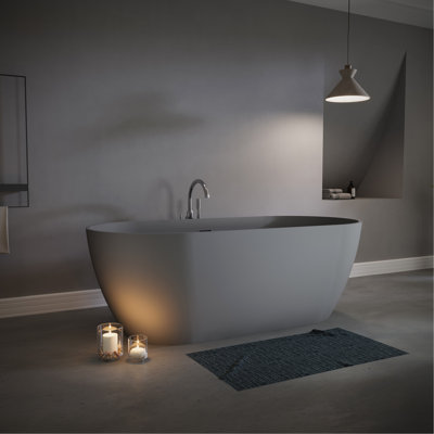 63" Luxury Solid Surface Bathtub, Stone Resin Freestanding Soaking Bathtub with Overflow and Pop-up Drain for Contemporary Bathroom, Matte Grey TH-25S03-63MG
