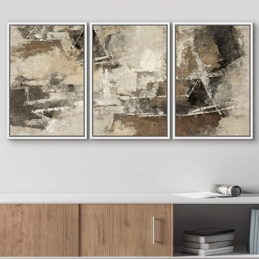 Grunge Abstract Paint Stroke Effect " Grunge Tan Black Paint Stroke Landscape Abstract Shapes Modern Art Decor " 3 - Pieces IDEA4WALL 