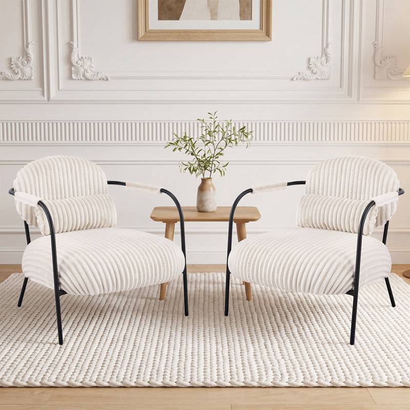 Ensemble de 2 fauteuils d'appoint rembourrés en velours côtelé avec coussin lombaire Aldarondo, Blanc