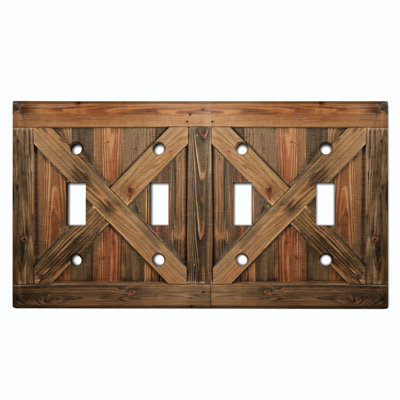 Metal Light Switch Plate Cover; US Standard Size 4 Gang Toggle - Printed Image of Wood Barn Door