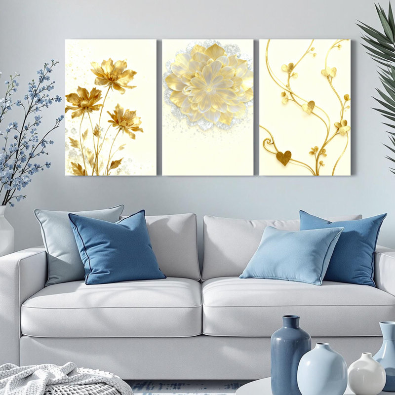 Tableau élégant sur toile tendue à motif floral doré (paquet de 3), H 36 po x l 72 po