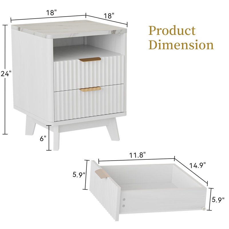 18" W Fluted Nightstand with 2 Drawers, Faux Marble Top, White