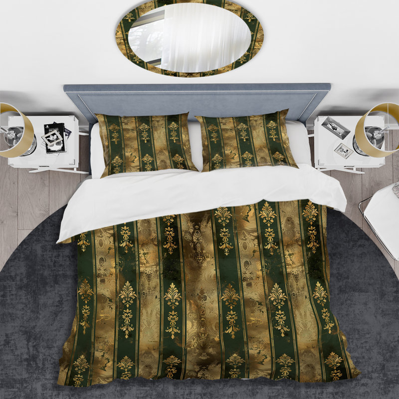 Ensemble de housse de couette à rayures dorées et vertes I, Housse de couette pour grand lit et 2 taies décor
