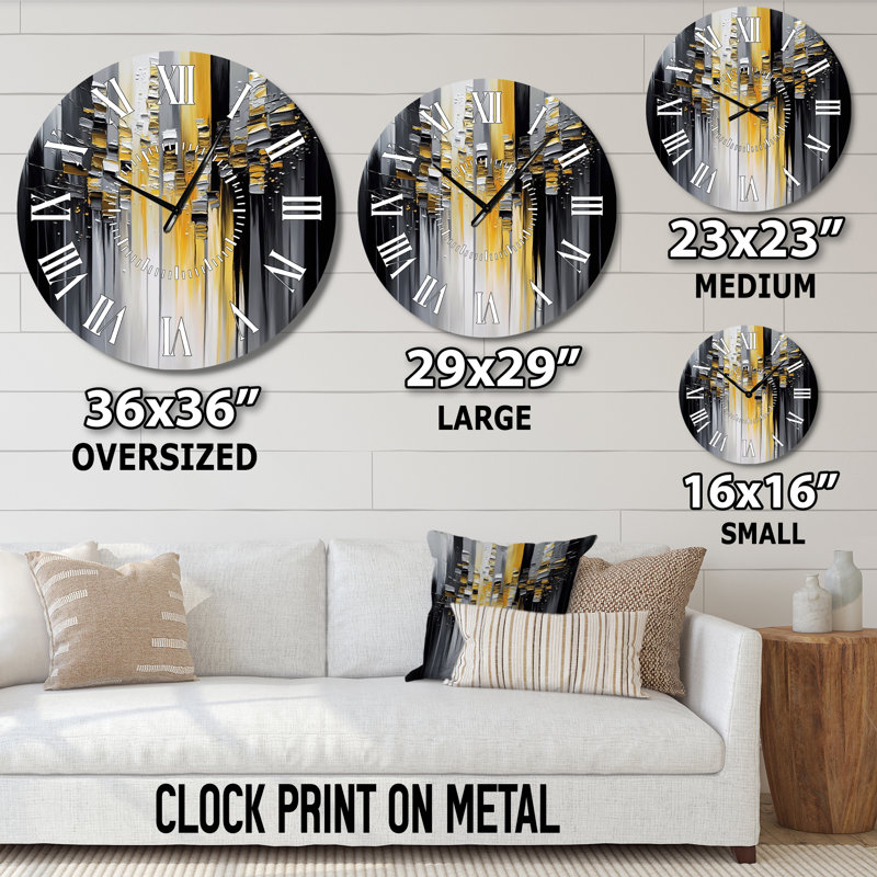 Horloge murale abstraite à motif géométrique noir et jaune I - animaux, Surdimensionné