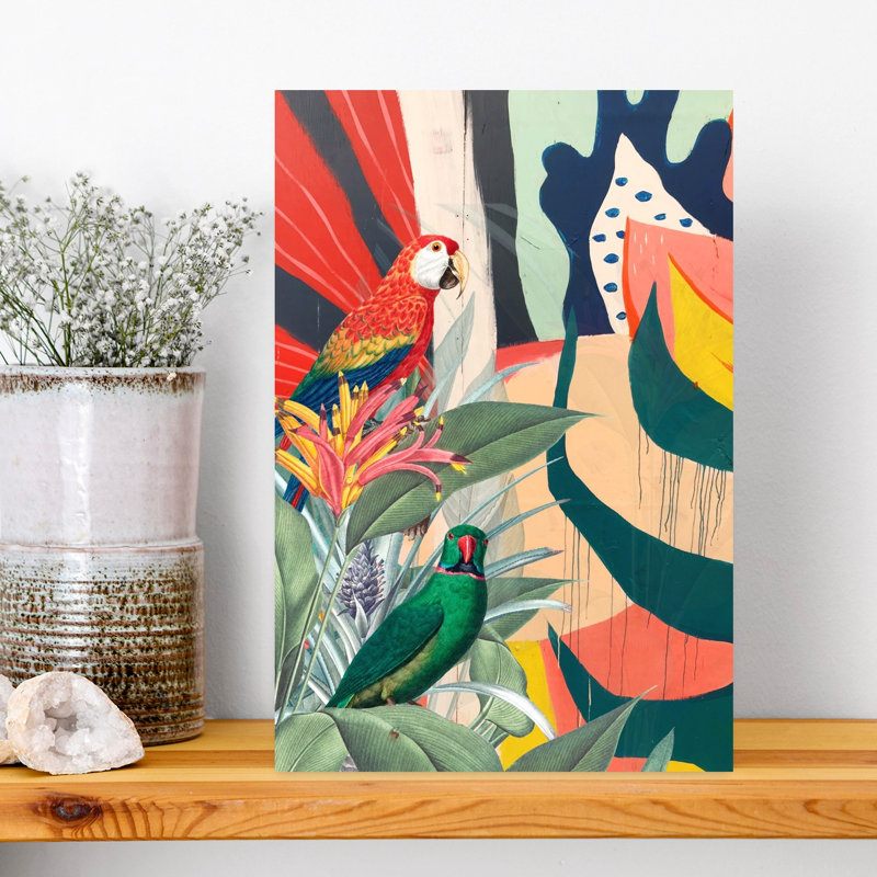Vibrant, perroquets tropicaux abstraits, coloré, oiseau moderne, nature, impression murale, 18" H x 12" W