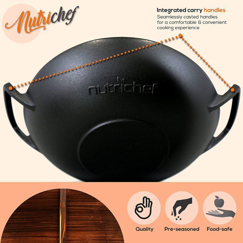 NutriChef Non-Stick Cast Iron Wok with Lid