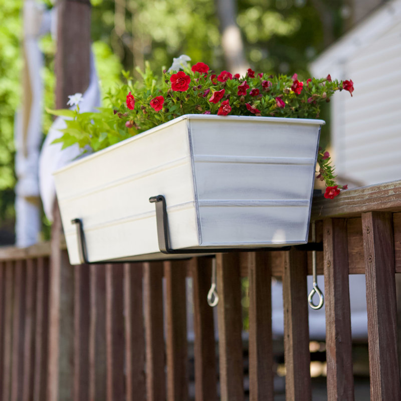 Medium White Galvanized Steel Flower Box with Black Brackets