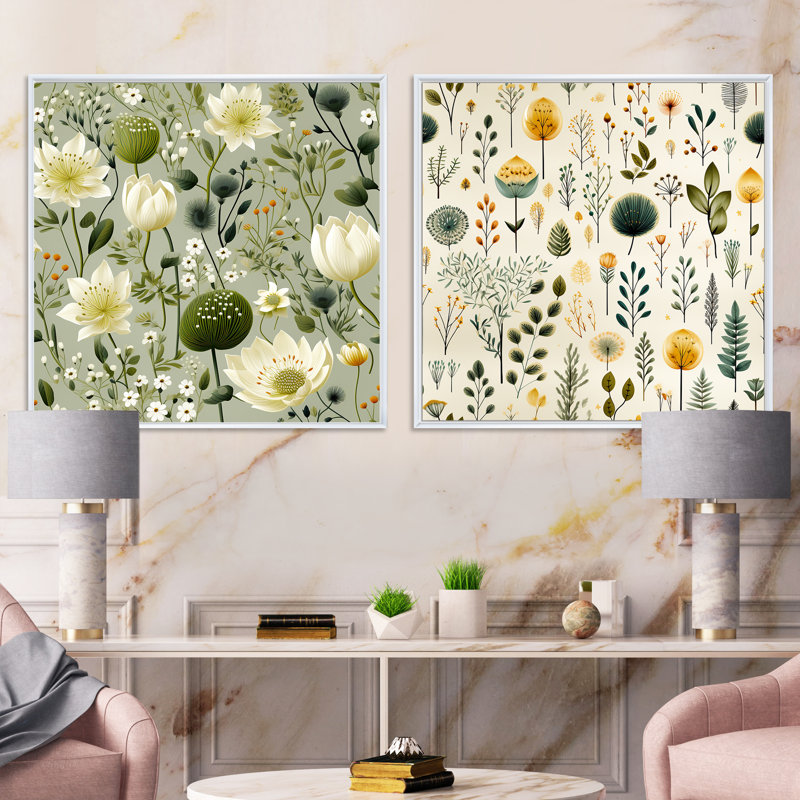 Thornaby - Ensemble de 2 collages carrés floral et botanique, H 16 po x l 33 po, Cadre flottant blanc