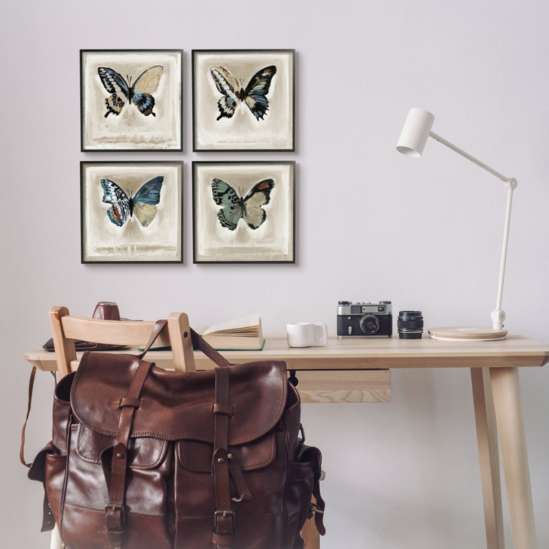 «Asymmetric Butterfly Wing Patterns» par Stacy D''aguiar, ensemble de 4 peintures sur bois, Giclée encadrée noir minuit
